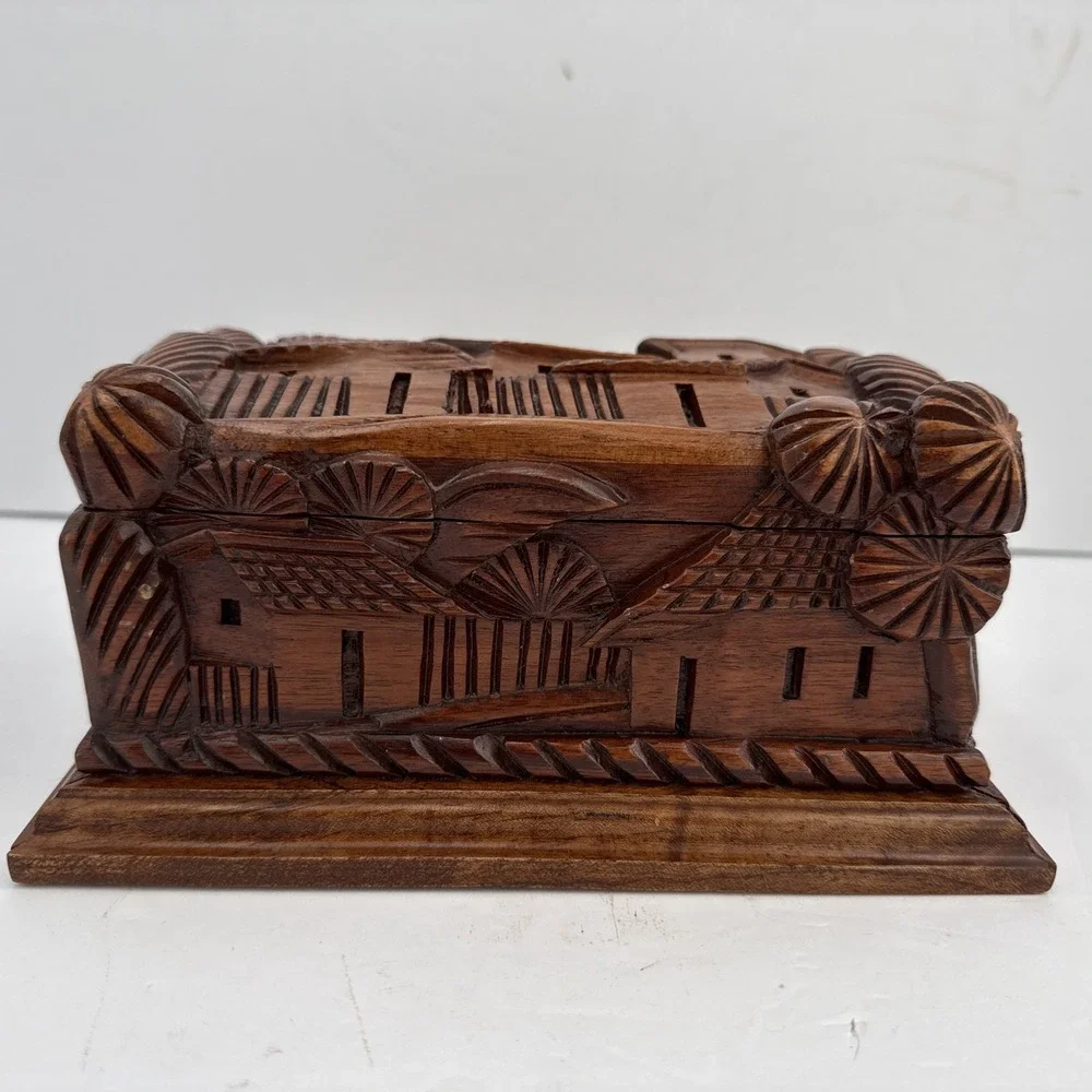 Vintage Hand Carved Folk Art Wooden Jewelry Trinket Box Red Velvet Lined